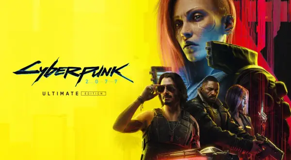 Postacie z gry Cyberpunk 2077: V, Johnny Silverhand, Idris Elba i inni, na tle żółto-czerwonej grafiki.