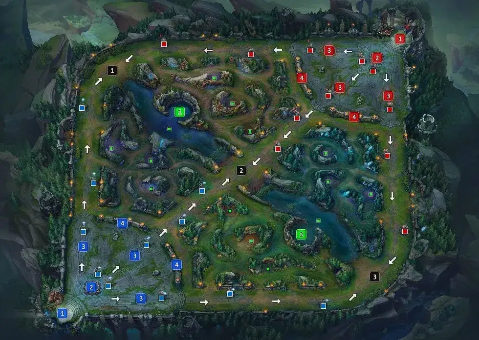 Mapa Summoner's Rift z zaznaczonymi alejami i dżunglą